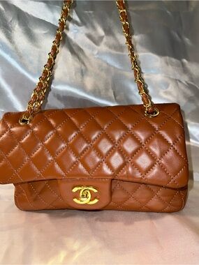Quilted Leather Shoulder Bag in Cognac Brown with Gold Hardware
